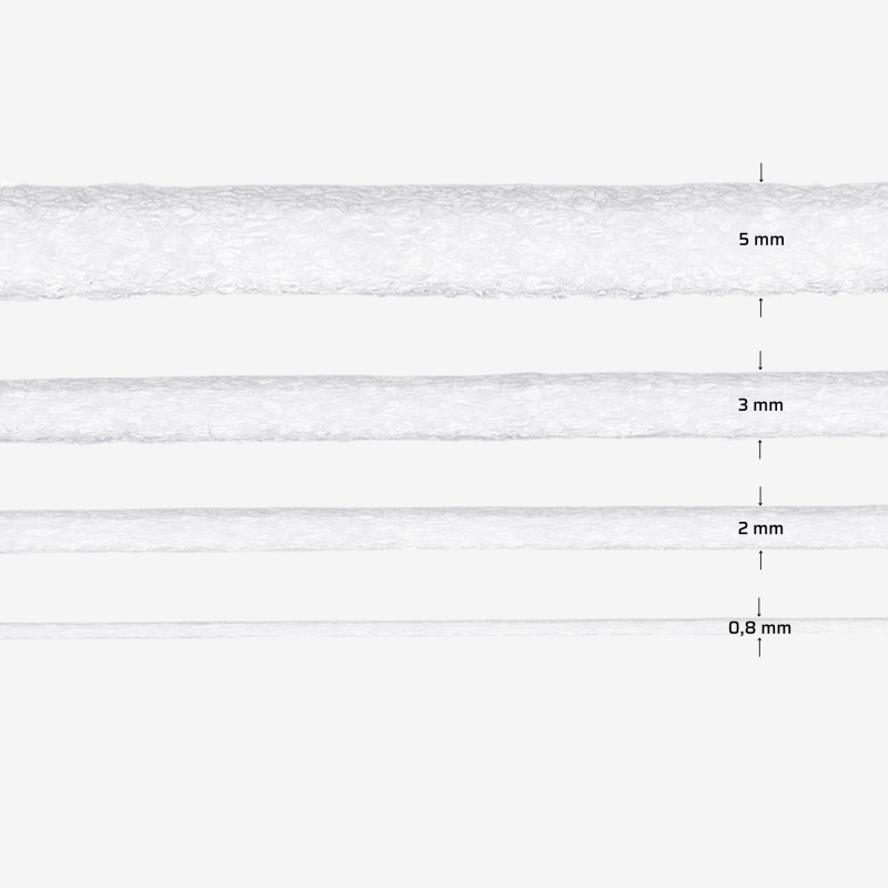 Porównanie grubości pianki 0,8mm, 2mm, 3mm oraz 5mm.