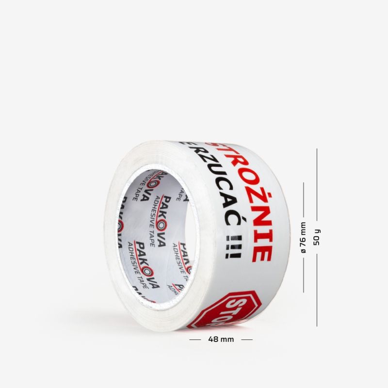 Rolka taśmy klejącej z napisem "STOP OSTROŻNIE NIE RZUCAĆ!" z naniesionymi wymiarami. Zapewnia widoczne ostrzeżenie dla kuriera.