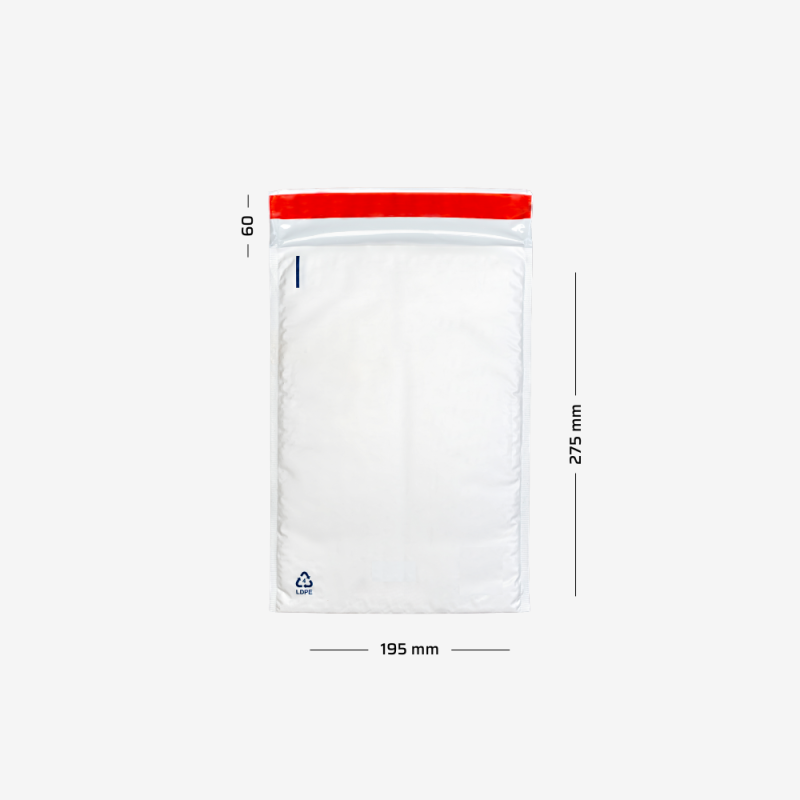 Mocne foliowe koperty bąbelkowe D14 z naniesionymi wymiarami - szerokość 195mm i długość 275mm