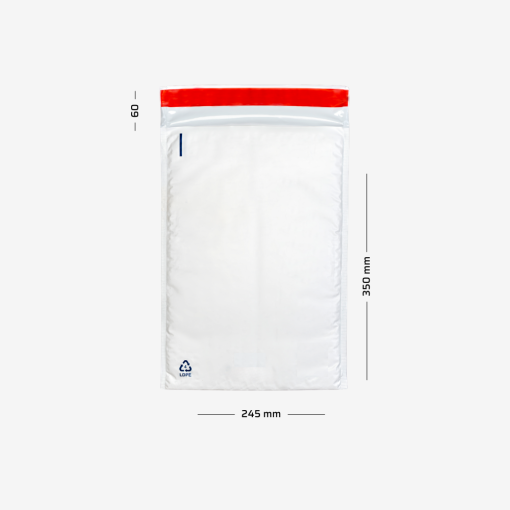 Foliowa koperta bąbelkowa F16 245x350mm z zamknięciem samoklejącym - widok z przodu na szarym tle.