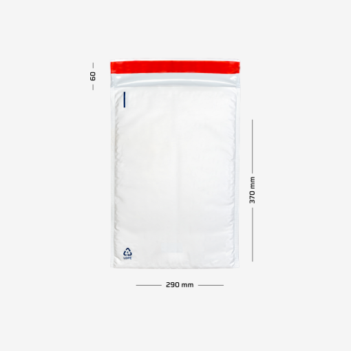 Foliowa koperta bąbelkowa H18 290x370mm z zamknięciem samoklejącym - widok z przodu na szarym tle.