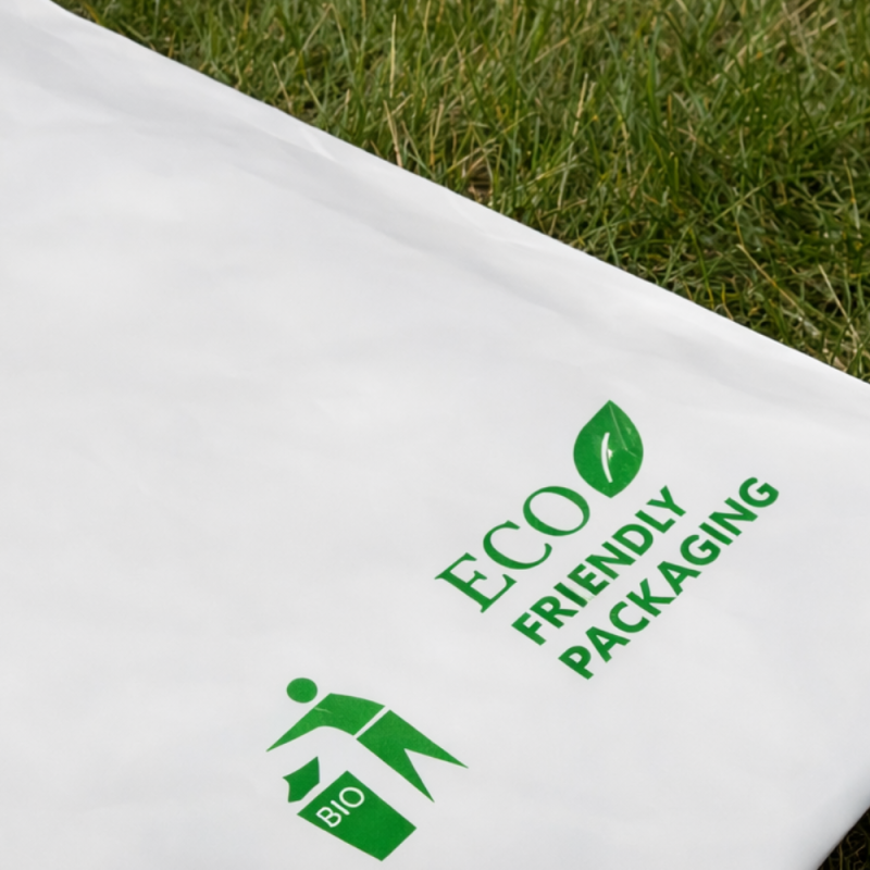 Zbliżenie na róg foliopaka z nadrukiem "ECO FRIENDLY PACKAGING" i ikoną liścia