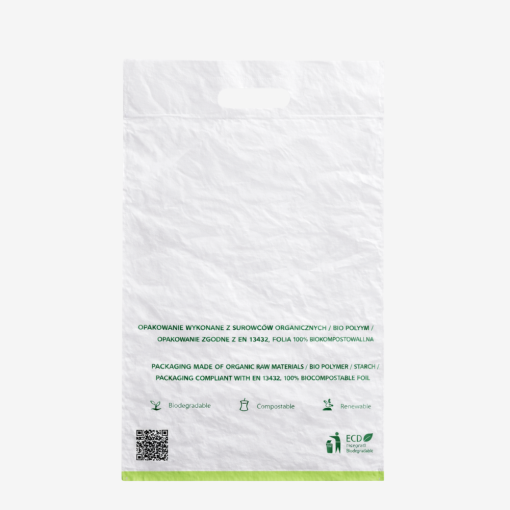 Foliopak kurierski - torba foliowa z uchwytem, widoczna informacja o biodegradowalności i kod QR