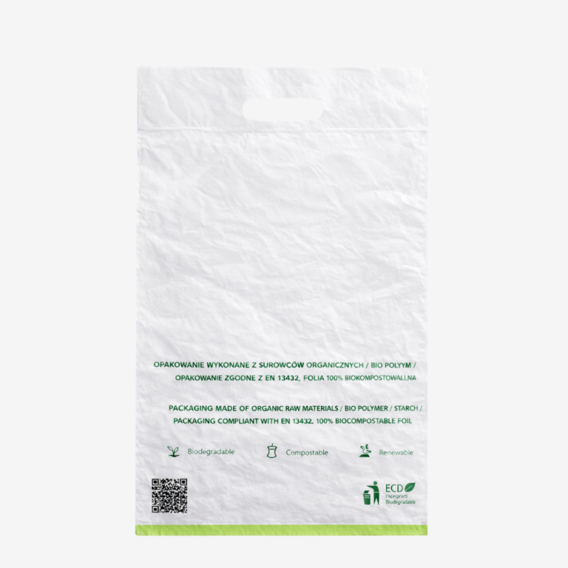 Foliopak kurierski - torba foliowa z uchwytem, widoczna informacja o biodegradowalności i kod QR