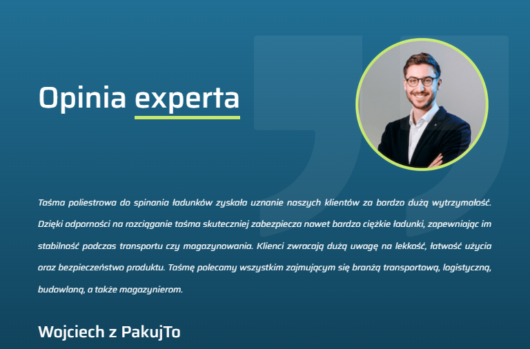 Zdjęcie z opinią o taśmach poliestrowych eksperta